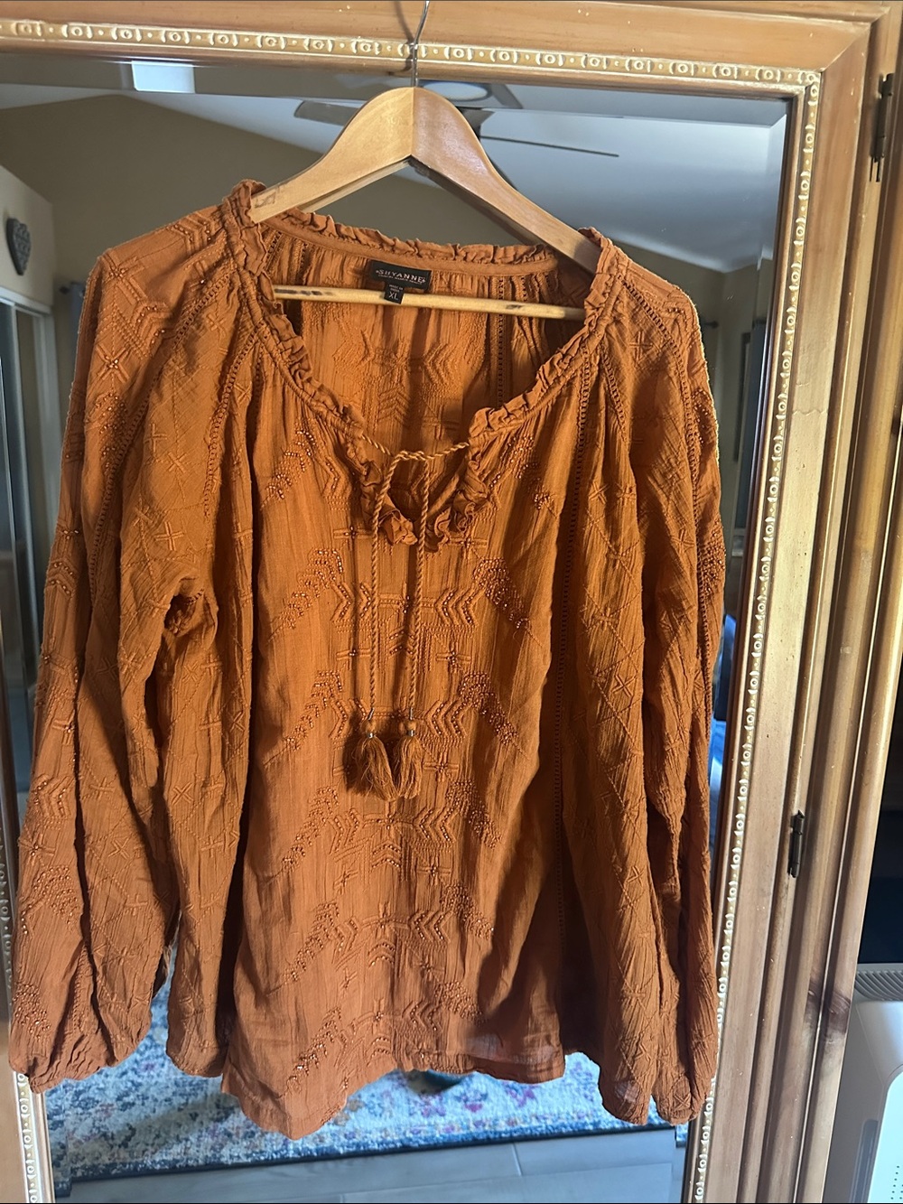 Shyanne Rust Orange Embroidered Peasant Blouse with Tassel Tie